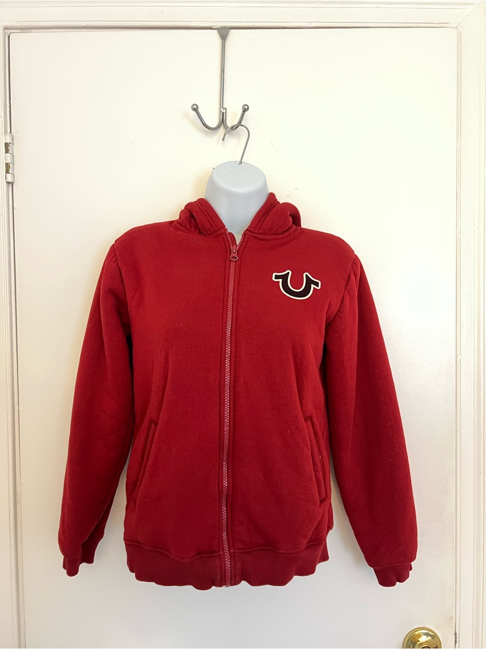 True Religion Red Zip Hoodie with Horseshoe Patch